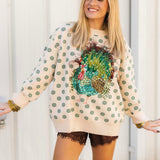 Beige & Green Flower Print Feather Turkey Sweater | Queen Of Sparkles