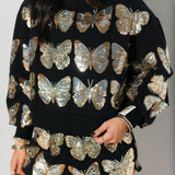 Black & Gold Sequin Butterfly Mockneck Sweatshirt | Queen Of Sparkles