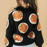 Navy Turkey On Plates Feather Neck Button Up Cardigan | Queen Of Sparkles