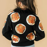Navy Turkey On Plates Feather Neck Button Up Cardigan | Queen Of Sparkles