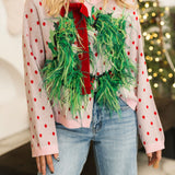 Light Pink & Red Polka Dot Wreath Neck Knit Sweater | Queen Of Sparkles