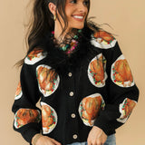 Navy Turkey On Plates Feather Neck Button Up Cardigan | Queen Of Sparkles