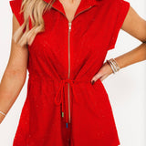 Red Rhinestone Zip Up Romper | Queen Of Sparkles