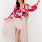 Hot Pink NYE Icon Button Up Cardigan With 'Happy New Year' Trim | Queen Of Sparkles