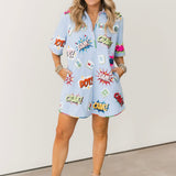 Powder Blue Mahjong Icon Collar Rainbow Trim Dress | Queen Of Sparkles