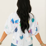 Light Blue Stripe Multi Chicken Button Up Cotton Top | Queen Of Sparkles