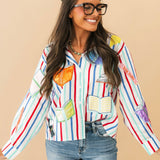 Multi Striped School Book Button Up Collared Top | Queen Of Sparkles