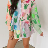 Striped Colorblock Sequin Tulip Button Up Cotton Long Sleeve Top | Queen Of Sparkles