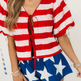 Red & White Stripe Cotton Poof Sleeve Tie Top | Queen Of Sparkles