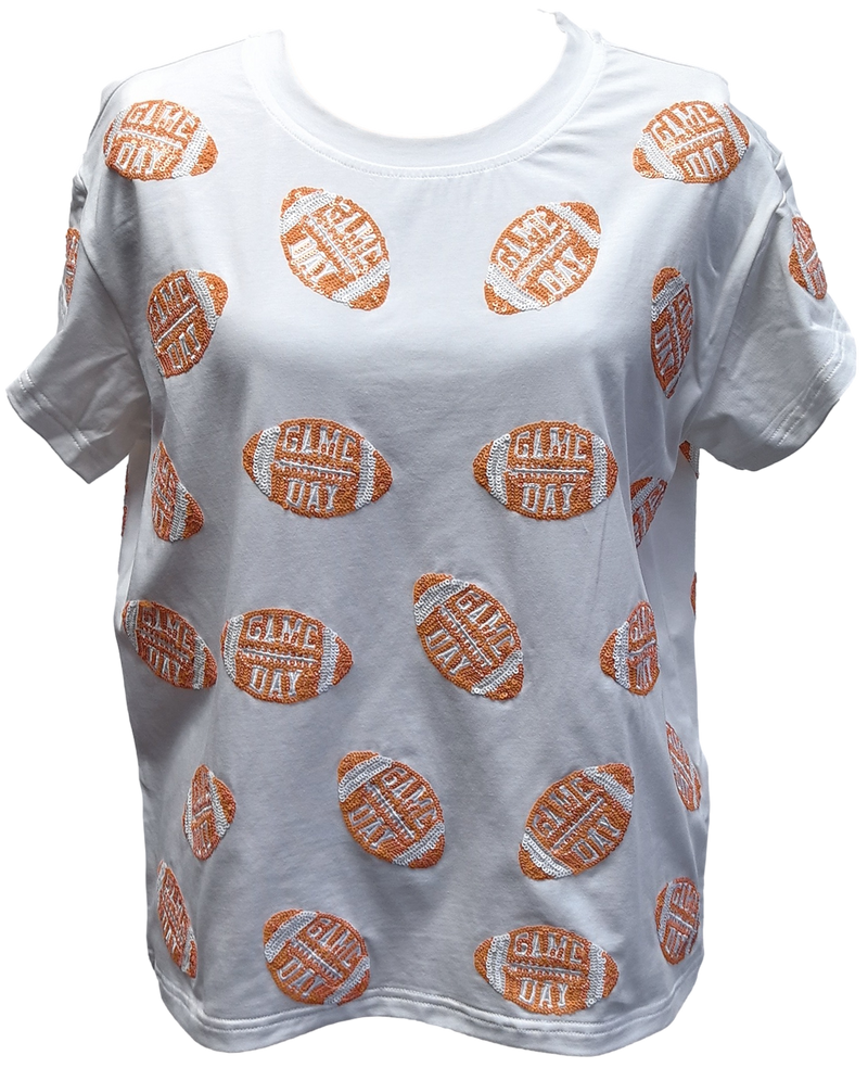 PRE-ORDER WHITE AND ORANGE 'GAME DAY' FOOTBALL TEE | QUEEN OF SPARKLES