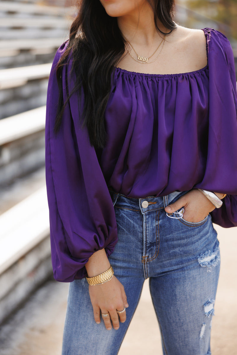 SATIN OFF THE SHOULDER TOP | PURPLE