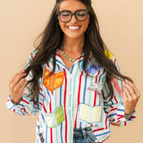 Multi Striped School Book Button Up Collared Top | Queen Of Sparkles
