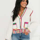 White & Rainbow Jewel Trim Button Up Cardigan | Queen Of Sparkles
