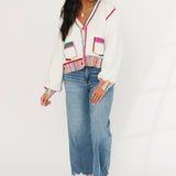 White & Rainbow Jewel Trim Button Up Cardigan | Queen Of Sparkles