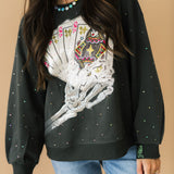 Charcoal Skeleton Holding Queen Cards Rhinestone Sweatshirt | Queen Of Sparkles
