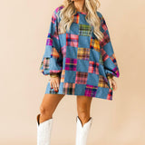 Denim and Multi Plaid Checkered Bubble Sleeve Dress | Queen Of Sparkles