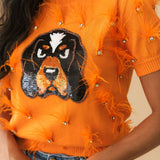 Licensed Tennessee Mascot Scattered Jewel Feather Short Sleeve Sweater | Queen Of Sparkles