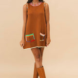 Brown Rainbow Rhinestone Trim Pocket Knit Tank Dress | Queen Of Sparkles