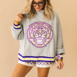 Licensed LSU Grey Gingham Mascot Mock Neck Sweatshirt | Queen Of Sparkles