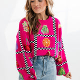 Hot Pink Black White Checker Fruit Sweater | Queen Of Sparkles