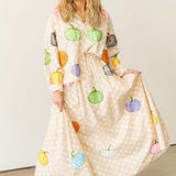 Beige & White Polka Dot Multi Pumpkin Cotton Button Up Top | Queen Of Sparkles