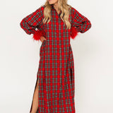 Red & Green Plaid Feather Sleeve Button Up Midi Dress | Queen Of Sparkles