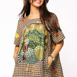 Brown Plaid Big Turkey & Leaves Short Sleeve Dress | Queen Of Sparkles