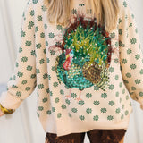 Beige & Green Flower Print Feather Turkey Sweater | Queen Of Sparkles