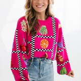 Hot Pink Black White Checker Fruit Sweater | Queen Of Sparkles