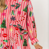 Light Pink & Red Stripe Christmas Icons Cotton Short | Queen Of Sparkles