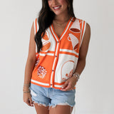 Bright Orange And White Colorblock Football Icon Button Up Sweater Vest | Queen Of Sparkles