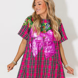 Pink Plaid Metallic Wreath Short Sleeve Cotton Dress | Queen Of Sparkles