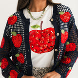 Crochet Navy & Red Sequin Apple Button Up Sweater | Queen Of Sparkles