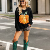 Black & Orange Flower Sequin Pumpkin Sweatshirt | Queen Of Sparkles