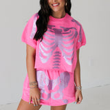 Pink Sequin Skeleton Short Sleeve Top | Queen Of Sparkles