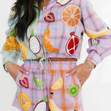 Colorblock Plaid Fruit Button Up Collar Long Sleeve Top | Queen Of Sparkles