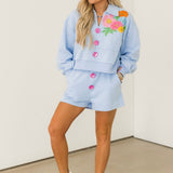 Dusty Blue Henley Jewel Button Short | Queen Of Sparkles