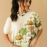 Ivory & Green Gingham Colorblock Thanksgiving Meal Knit Top | Queen Of Sparkles