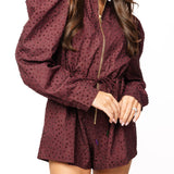 Maroon Jeweled Long Sleeve Zipper Romper | Queen Of Sparkles