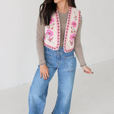 Embroidered Corduroy Floral Vest | Ecru