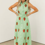 Green & White Gingham Beaded Strawberry Button Up Collar Midi Dress | Queen Of Sparkles
