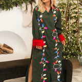Dark Green Multi Christmas Lights Feather Trim Midi Dress | Queen Of Sparkles