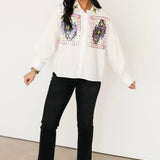 White Queen Card & Sparkle Collar Button Up Cotton Top | Queen Of Sparkles