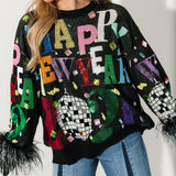 Black Multi 'Happy New Year 2026' Feather Sleeve Sweater | Queen Of Sparkles