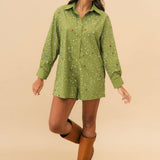Olive Scattered Multi Rhinestone Cotton Button Up Romper | Queen Of Sparkles