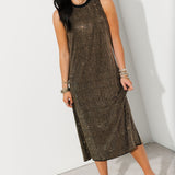 Black & Gold Full Rhinestone Active Midi Dress | Queen Of Sparkles