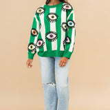 Green & White Striped Multi Eye Sweater | Queen Of Sparkles
