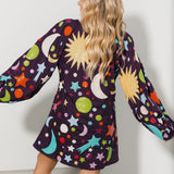 Dark Purple Multi Galaxy Button Up Cotton Bubble Sleeve Dress | Queen Of Sparkles