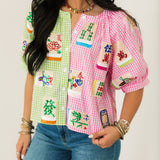 Colorblock Gingham Mahjong Tile Button Up Top | Queen Of Sparkles