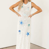 White & Blue Sea Icon Knit Pailette Tank Midi Dress | Queen Of Sparkles